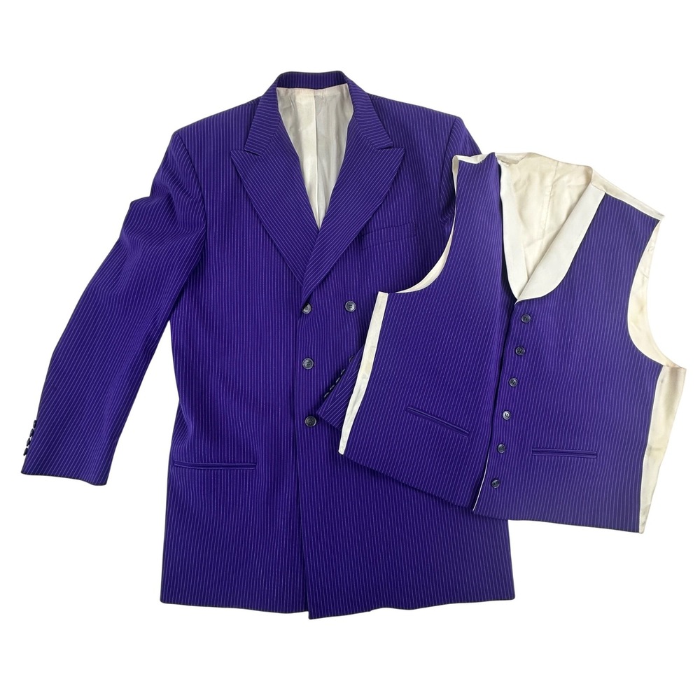 Primo Mens 46 Blazer Vest Set Purple Pinstripe Double Breasted Suit Jacket 2pc